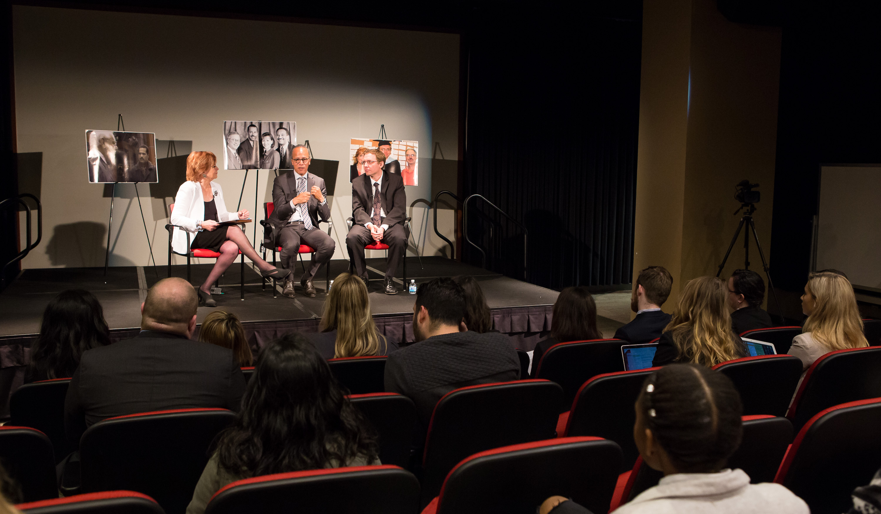 DePaul Journalism students listen to a conversation with Carol Marin, Lester Holt and Ben Welsh