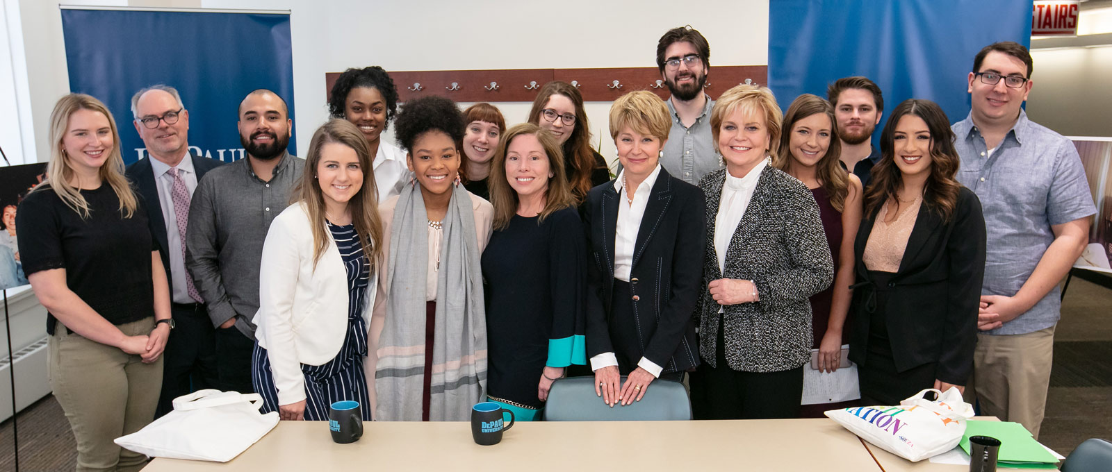 Jane Pauley and Ann Pistone with DePaul students, 2018