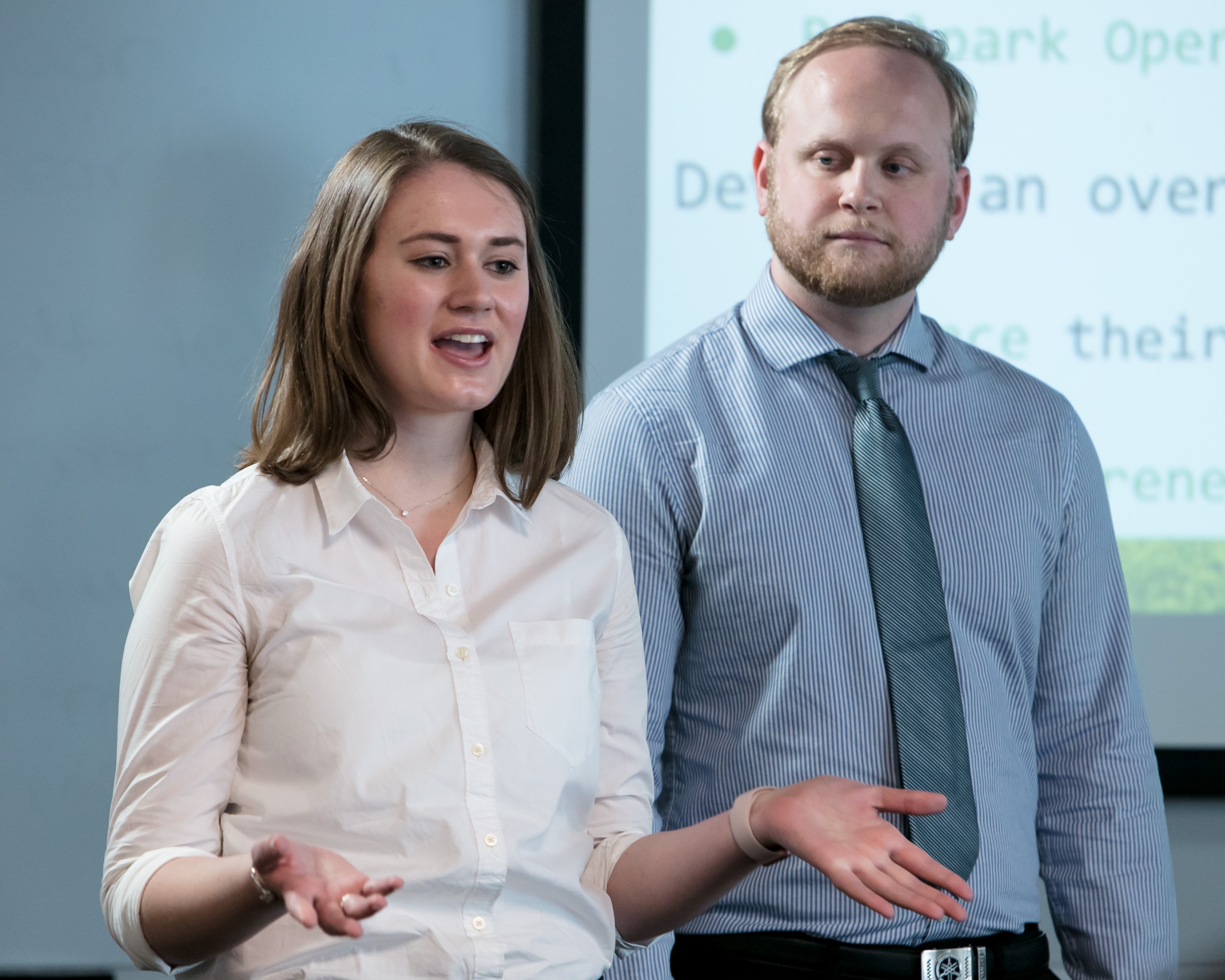 Caroline Fronczak, left, and Jeremy Andrus present their campaign. Students in the class developed their ideas over the 10-week course after receiving a challenge from FOX University to design a communications campaign about FOX Sports and MLB's sustainability efforts. (DePaul University/Jeff Carrion)