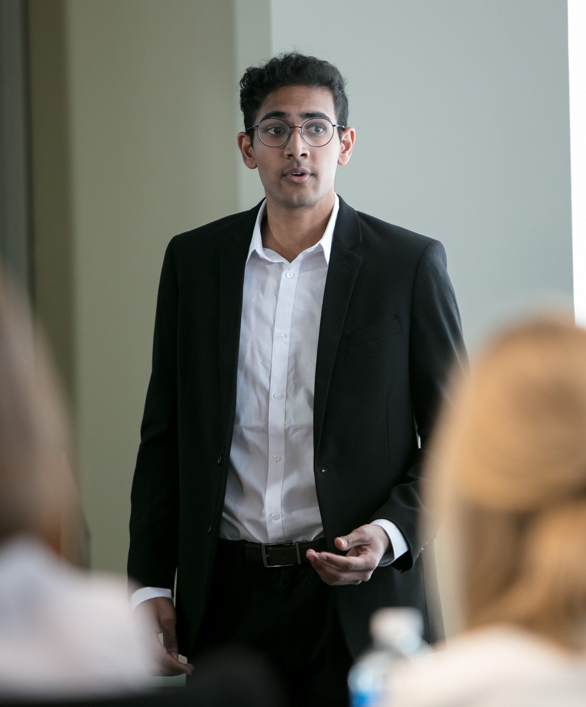 Nikil Bontu, a student in PRAD 393, Special Topics in Public Relations and Advertising, presents to FOX Sports, 21st Century Fox and Major League Baseball executives. (DePaul University/Jeff Carrion)